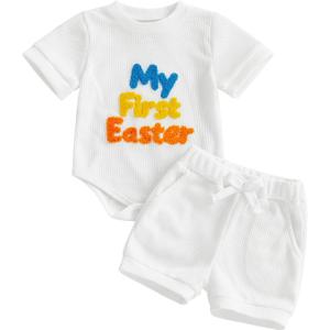 Douhoow My First Easter Baby Boy Outfit Embroidered Short Sleeve Baby Romper Boys Shorts Infant Summer Clothes