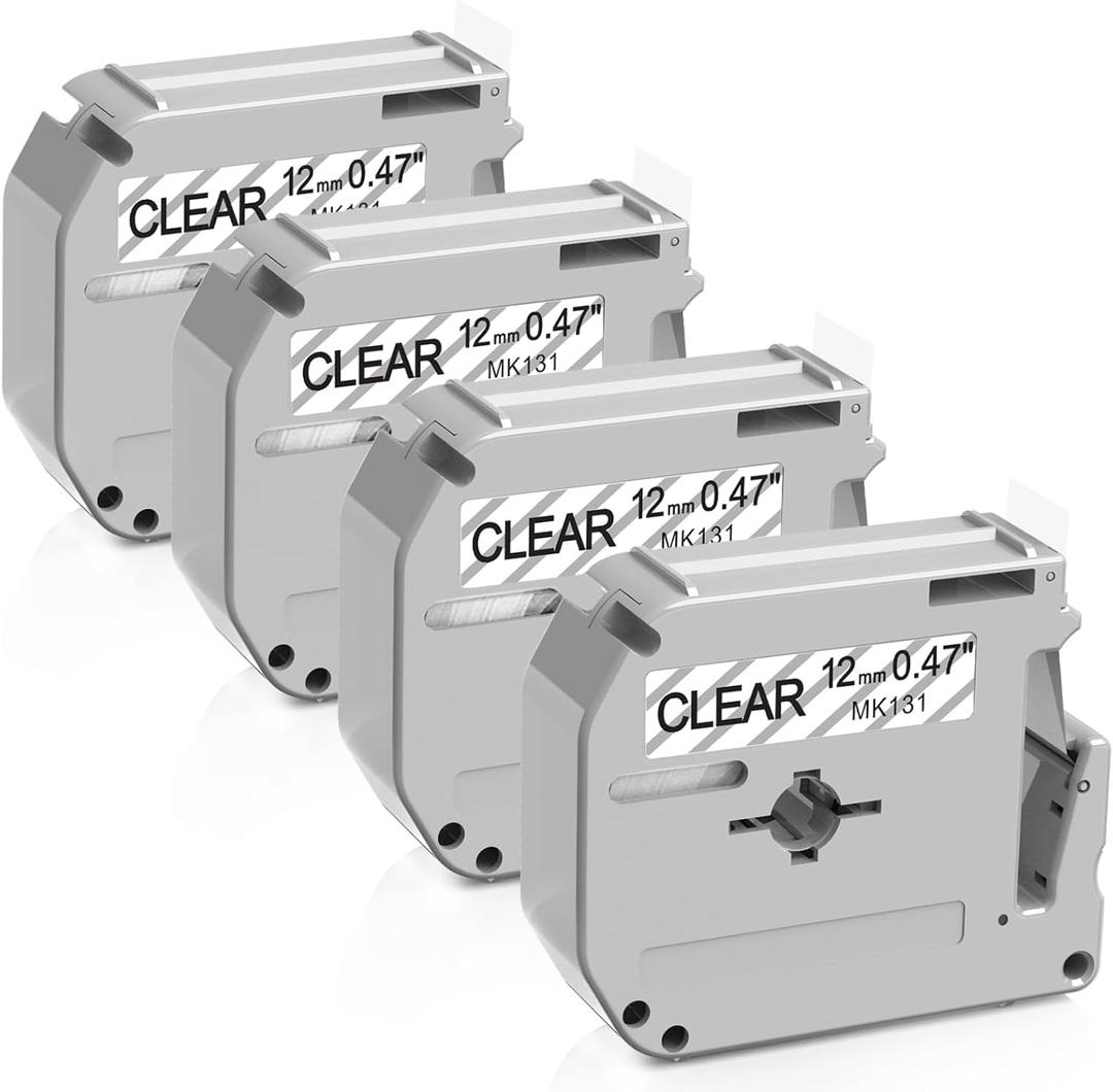 Anycolor M-131 PTM95 Clear Tape Replacement for Brother P-Touch M Tape M-K131 M131 MK131 12mm 0.47'' Clear for Brother PTouch PT-M95 PT70BM PT-90 PT-70 PT-65 PT-45 Label Maker, 4-Pack (Black on Clear)