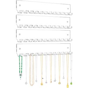 Acrylic Necklace Holder 4 Pack Wall Mounted Necklace Organizer Hanging Jewelry Organizer with 12 Hooks for Necklaces, Bracelets, Rings and Bangles Display