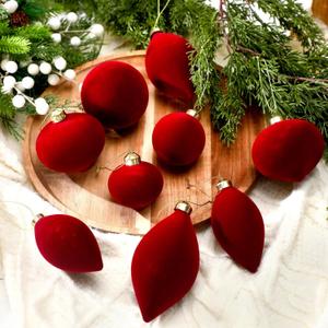 12 Pcs Red Velvet Christmas Ornaments Large Glass Velvet Christmas Balls Ornaments Bulk Flocked Bulbs Set for Xmas Tree Wreath Mantel Stair Railings Holiday Party Hanging Decoration