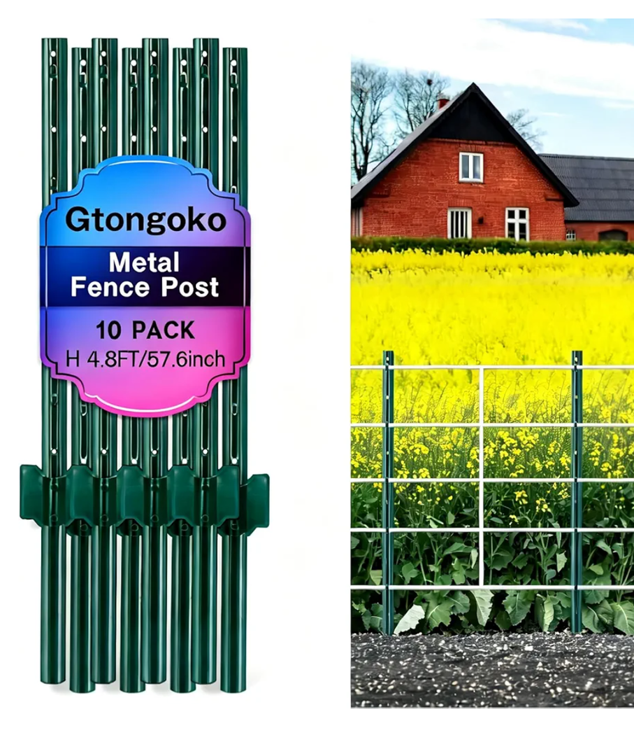 Gtongoko 4.8 Feet Heavy Duty Metal Fence Posts, 10 Pack U Channel Fence Post with Anchor Plate, Green Steel T Post for Garden, Yard, Farm, Wire Fencing