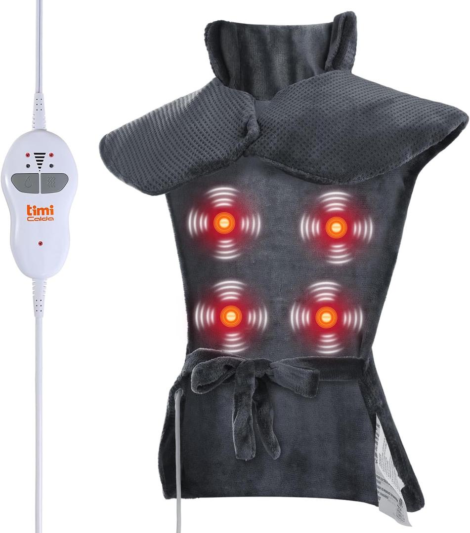Heating pad for Neck - Wearable Electric Heating Pads for Back, Shoulder and Waist, Large Heat Pad with 4 Massage Modes & 2 Heat Levels, 24"x35", 4 Motor, Gray