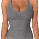 Women's V Neck Racerback Padded Ribbed Long Fitted Basic Cami Tops, Size S