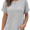 Rooscier Women's Ribbed Round Neck Rolled Short Sleeve Dressy Casual T Shirts Tops, Gray Medium