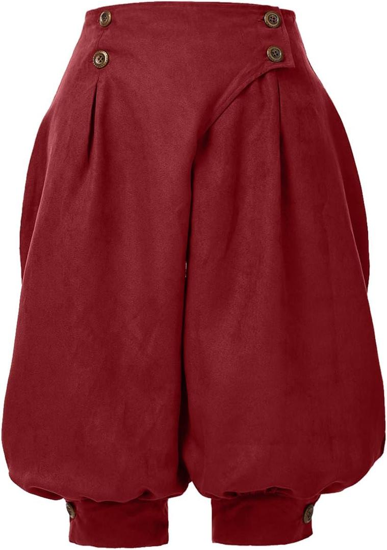 GRACEART Women's Renaissance Pants Pirate Pant Suede High Waist Double Breasted Medieval Pants (Medium, Wine Red)