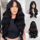 Haoland Black Wig for Women 26 Inch Long Wavy Synthetic Wig With Bangs Heat Resistant Natural Black Wig For Daily Use