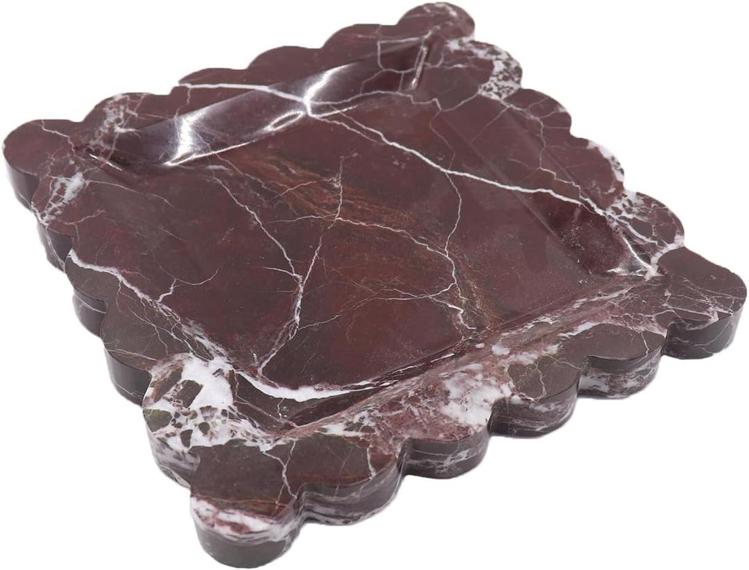 Square Marble Decorative Tray with Scalloped Edge, Luxury Natural Stone Bathroom Vanity Tray, Dresser Top Perfume Coffee Home Kitchen Sink Tray, Key Trinket Ring (8" x 8" x 0.7", Rosso Lepanto)