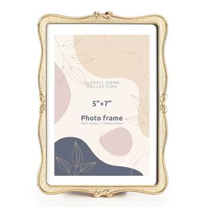 Metal Bow Picture Frame 5x7 Photo Frames with High Definition Glass Front Gift Ideas Tabletop Home Decorative,Gold