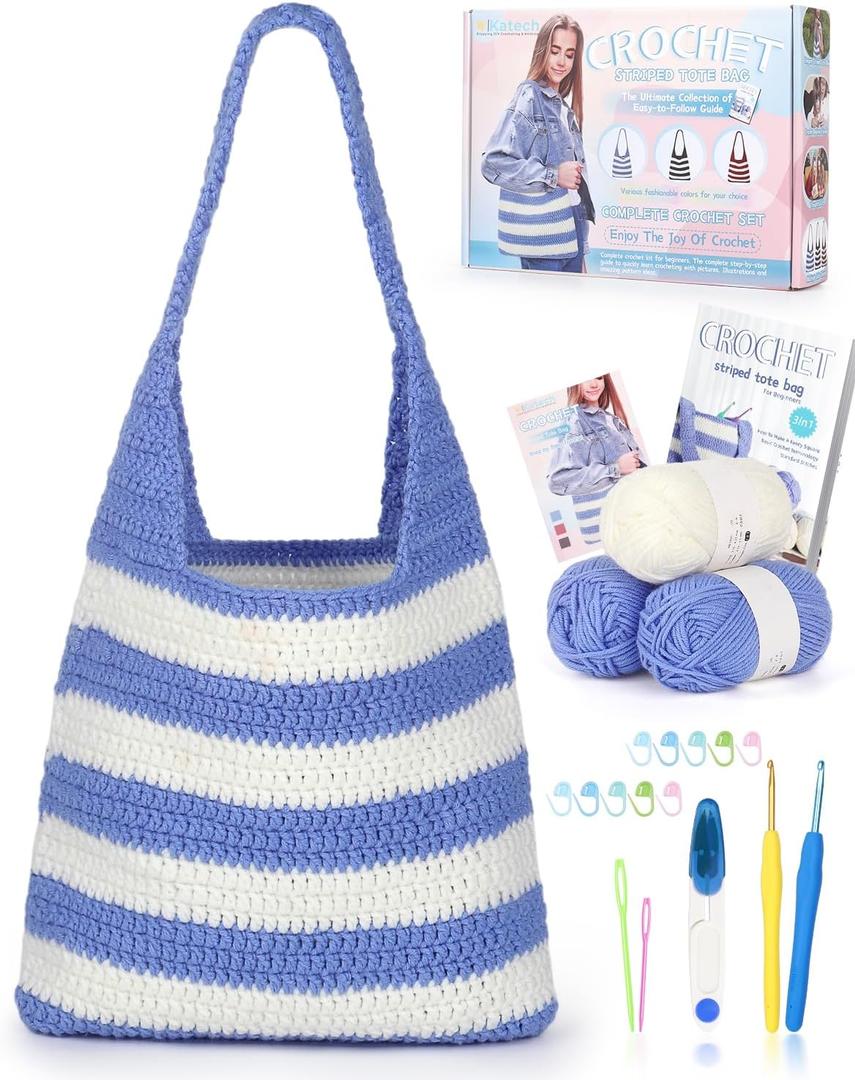Katech Crochet Kit for Beginners, Striped Tote Bag Crochets Set Includes Yarn Crochet Hooks, Complete Crochets Step-by-Step Guide Needles Accessories Adults Crocheted Starter Kit Crocheter Gift (Blue White)