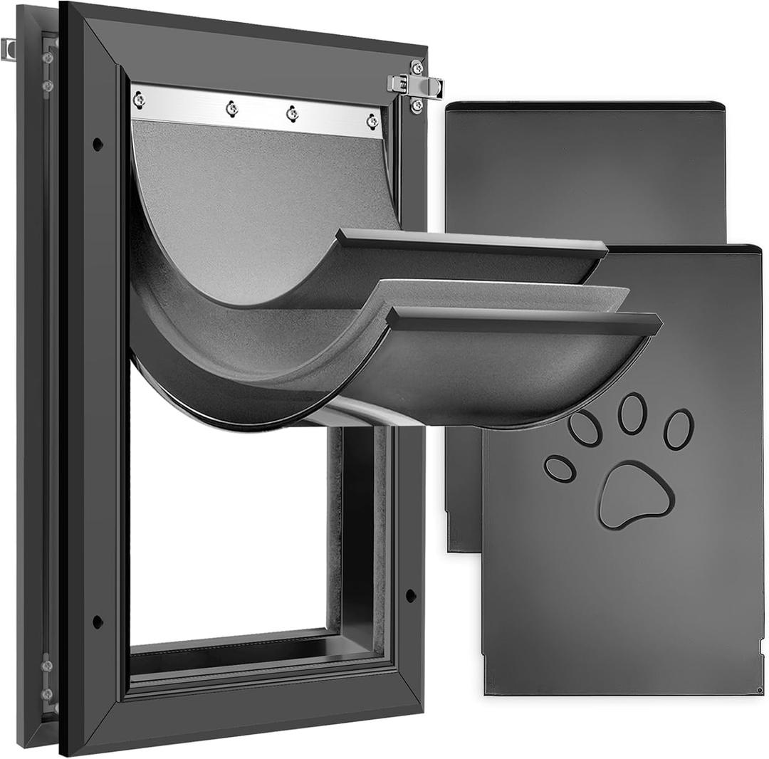 [Petoasis] 3-Flaps Heavy-Duty Dog Door, Rust Proof Aluminum Alloy Frame, Extreme Weather Dog Door Can Block Wind, Snow, and Rainwater Intrusion (Black, Large for Door)