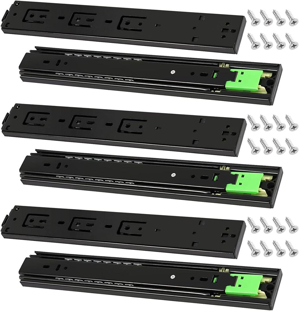 SEUNMUK 6 PCS 3 Pairs 10 Inches Push to Open Drawer Slides, 3-Fold Full Extension Drawer Slides Side Mount Ball Bearings with Mounting Screws for Kitchen Cabinets, Table Drawers