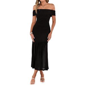 Simplee Womens Summer Off Shoulder Maxi Dress 2026 Ruched Bodycon Flowy Tulle Formal Cocktail Wedding Guest Long Dresses S