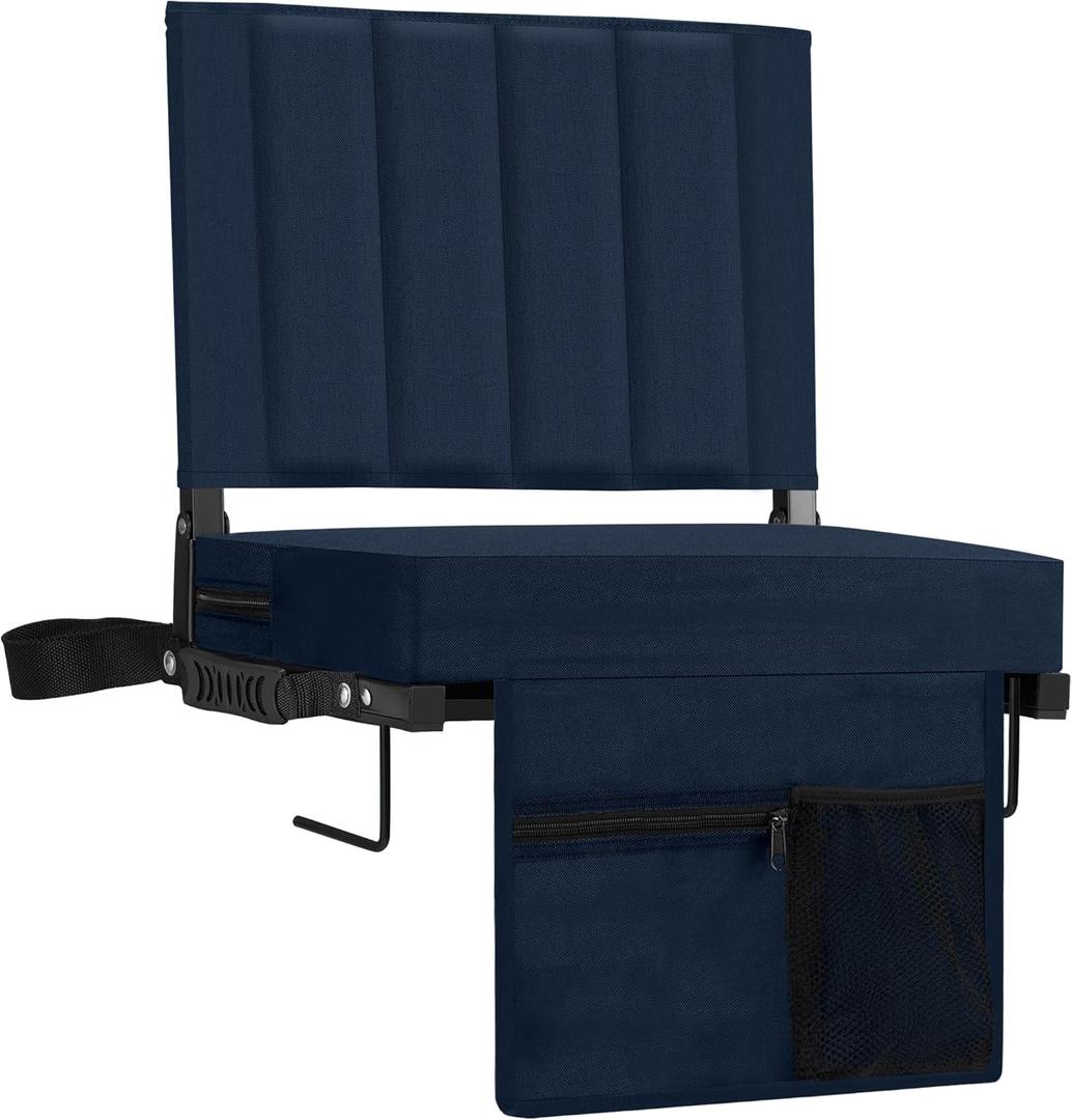 Stadium Seat for Bleachers with Back Support, Portable Bleacher Seat with Wide Comfy Padded Cushion, Metal Hook, Folding Stadium Chair with Shoulder Strap, Carry Handle, Cup Holder (Navy Blue)