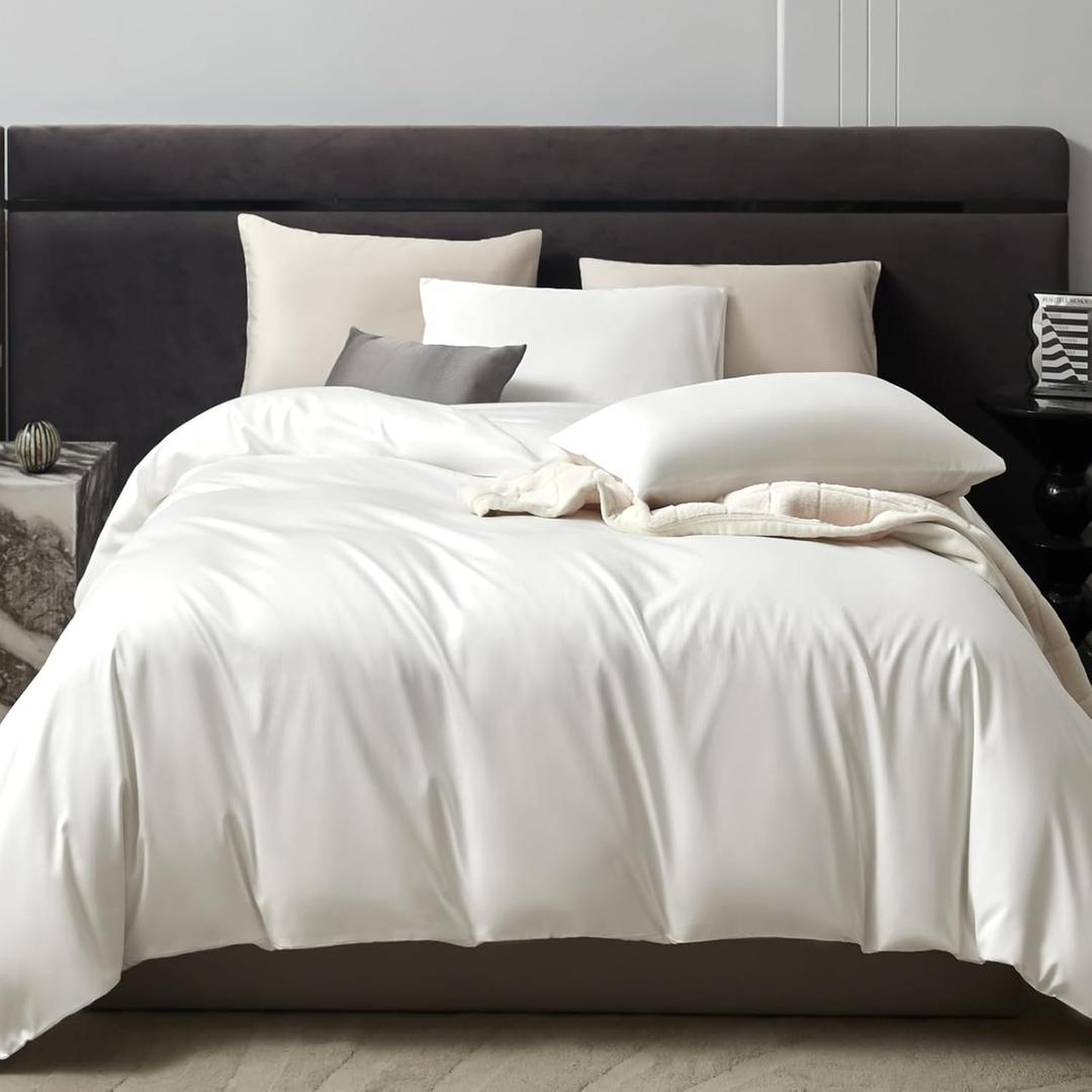 PURE ERA Duvet Cover Set 800 Thread Count Long Staple Cotton Sateen Silky Soft Luxurious Smooth 3 Piece Set Solid White Queen