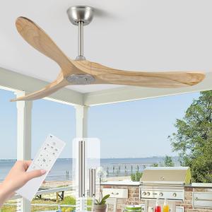 52 Inch Ceiling Fan with Remote Control, Solid Wood, 6-Speed DC Motor, 3 Reversible Natural Wooden Blades, 1/4/8 Hour Timer, Quiet & Energy Efficient for Indoor/Outdoor Use