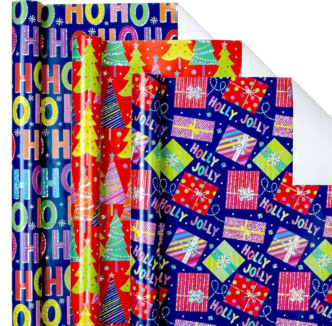 2 x Afucus Christmas Wrapping Paper, Christmas Tree, Holly Jolly, HO Santa Claus Laughing, Gift Box Themed Gift Wrap Paper, Cute Mini Rolls for Party (17 Inch X 120 Inch) (Christmas-Purple Red)