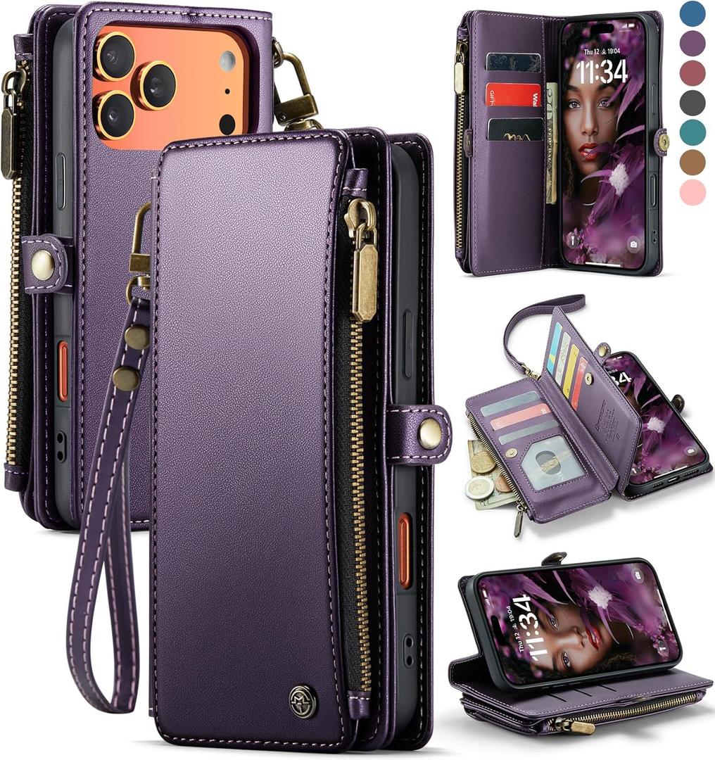 Defencase Compatible with iPhone 17 Pro Case Wallet with RFID Blocking Card Holder for Women Men, Fashion PU Leather Magnetic Snap Flip Zipper Strap Wallet Phone Case for iPhone 17 Pro 6.3", Purple