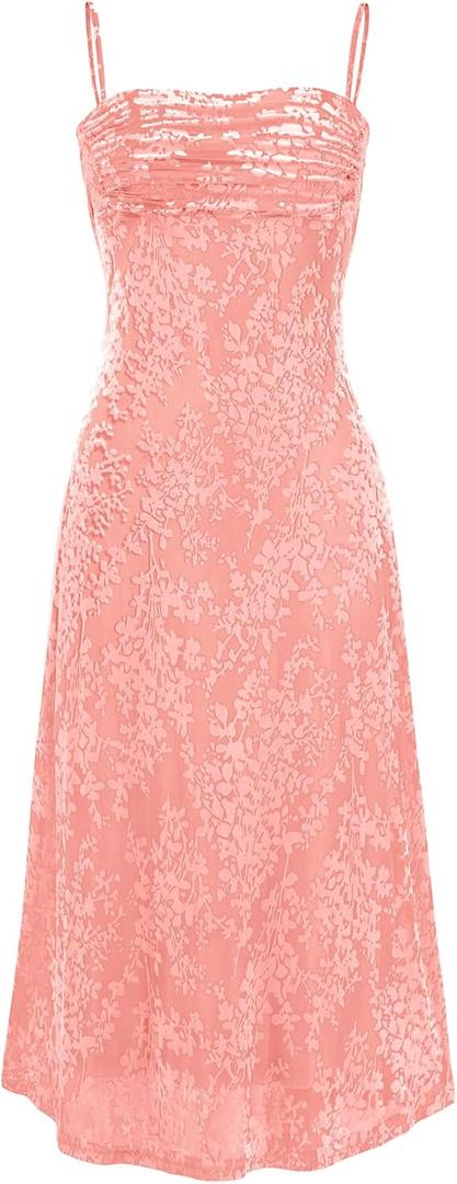 BTFBM Women's Summer Dress Sleeveless Spaghetti Strap Midi Dress Sexy Cowl Neck Floral Cocktail Dress Party Dresses (Pink, M)