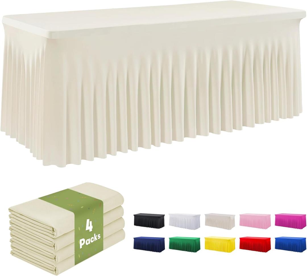 leegleri 4 Pack Ivory Spandex Table Clothes for 6 Foot Rectangle Tables, Wrinkle Free Fitted Table Cover 6ft Stretch Tablecloths with Skirt for Parties Weddings Birthday Banquet Baby Shower