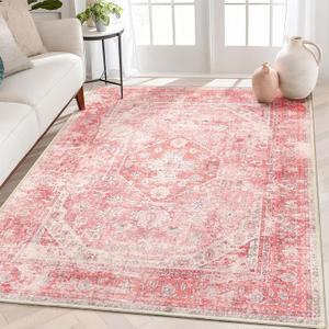 MUJOO Pink Rugs for Bedroom 5x7 Area Rugs Girls Boho Rugs for Living Room Washable Rug Non Slip Throw Carpet for Bedside Dorm Dining Room Indoor Soft Light Pink Floral Home Decor