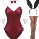 Avidlove Women Bunny Costume Lingerie Sets for Women Sexy Halloween One Piece Bodysuit Stockings Set 7-Piece Set (Wine Red, XL)