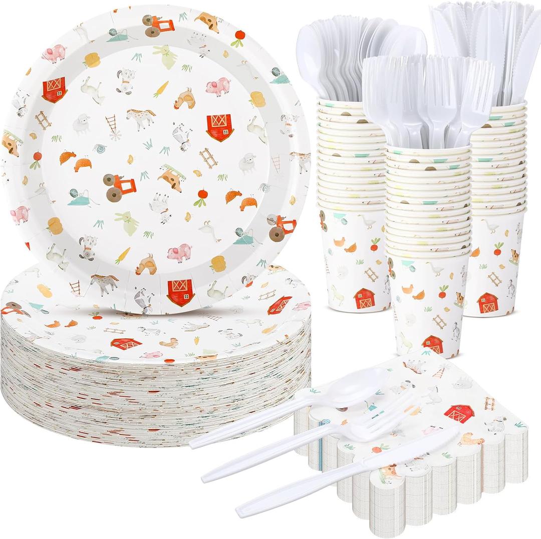300 Pcs Farm Animal Birthday Party Decoration, Farm Animal Plates and Napkins Cups Serves 50 Guests, Disposable Farms Themed Dinnerware for Baby Shower Wedding Birthday Party Supplies