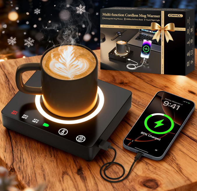 Mug Warmer, Cordless 180 Min Battery Life, 10000mAh Portable Charger, Wireless Coffee Cup Warmer for Desk, 3 Temp Settings, Smart Candle Heat Plate for Home, Office, Travel, Camping & Gifts for Men