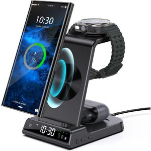 Wireless Charger for Samsung Charging Station with Clock for Samsung Galaxy S25 Ultra/S24 Ultra/Z Flip 6/5/Fold 5/Bud, 3 in 1 Android Charging Station, Watch Charger for Samsung Galaxy Watch 7/6/5Pro (Black)