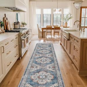 Washable Kitchen Runner Rug - 2x10 Hallway Rug Distressed Mats Non-Slip Soft Room Floor Carpet for Dining Room (Blue, 2 x 10)