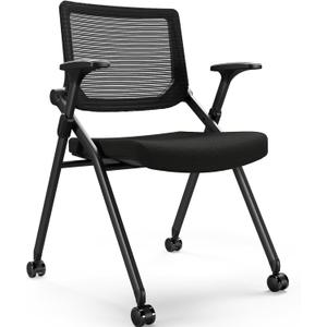 Foldable Office Chair with PU Wheels and Smooth Armrest-Ergonomic Mesh Bouncing Back, Stackable Conference Room Chair, Office Guest & Reception & Meeting Chair (Black)