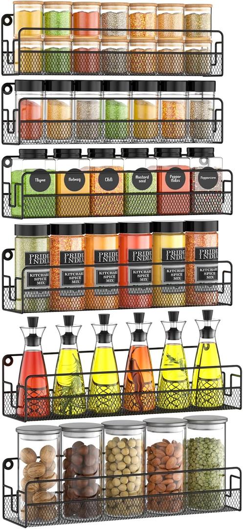 OneAhead Design Wall Mounted Spice Rack Organizer, Pantry Door Organizer & Hanging Storage Baskets, Metal Spice Shelf for Kitchen Cabinet, 3 Depth Sizes Hold Large Jars to Nail Polish Bottles, 6 Pack