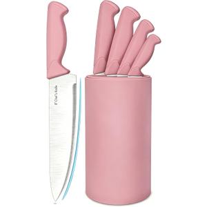 Knife Set, 6-Piece Kitchen Knife Set, German High Carbon Stainless Steel, Durable & Easy Clean Knife Block, Peach Pink