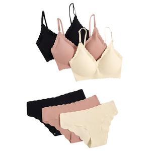 Verdusa Women's 6 Piece Scalloped Seamless No Show Bra and Panty Lingerie Sets Black/Pink/Beige X-Large