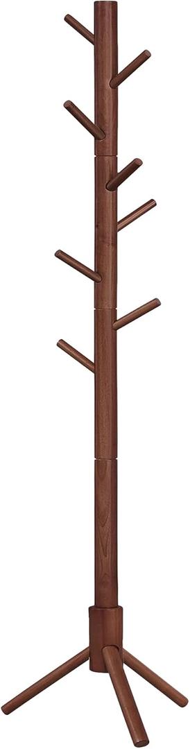 VASAGLE Solid Wood Coat Rack, Free Standing Tree-Shaped Coat Rack with 8 Hooks, 3 Height Options, for Clothes, Hats, Bags, Living Room, Bedroom, Home Office, Dark Walnut URCR04WN