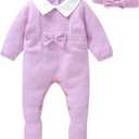 Hadetoto Newborn Baby Sweater Romper Knit Outfits Long Sleeve Jumpsuit with Warm Hat for Infant Boy Girl (0-1 Months/59, Purple-footie)