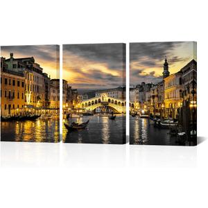 NutArtPic Venice Wall Art Canvas Italy Grand Canal Picture Venice Skyline Prints Rialto Bridge Night Cityscape Artwork Stretch and Framed Ready to Hang (Medium)
