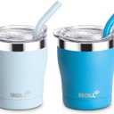 Kids Tumbler with Straw 2 Pack 9 oz Skinny Tumbler Stainless Steel Double Wall Vacuum Insulated Cup with Spill Proof Lid, Sweat-Free (Baby Blue-Sky Blue)
