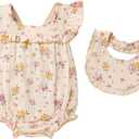 YOUNGER TREE Baby Girl Romper 100% Cotton Ruffle Sleeveless Summer Outfit with Accessory Soft Infant Clothes for Daily Wear (18-24 Months, Blue and Yellow Flowers)