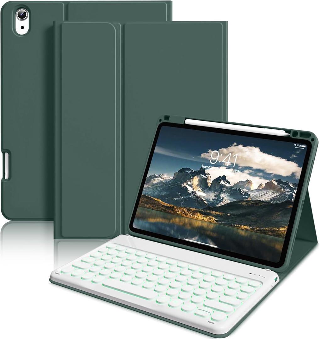 kenke Keyboard Case for iPad Air 11 Inch (M3) 2025 / (M2) 2024, iPad Air 5th/4th Generation 10.9 Inch 2022/2020, Stand Cover with Pencil Holder 7 Color Backlit Detachable Wireless Keyboard, Dark Green