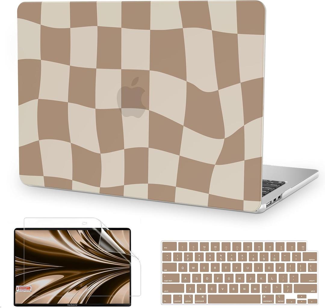 Anban Compatible with MacBook Air 13 inch Case 2025 2024 2023 2022 M4 M3 M2 A3240 A3113 A2681, Plastic Hard Shell Case for MacBook Air 13.6 inch + Keyboard Cover + Screen Protector, Brown Checkered