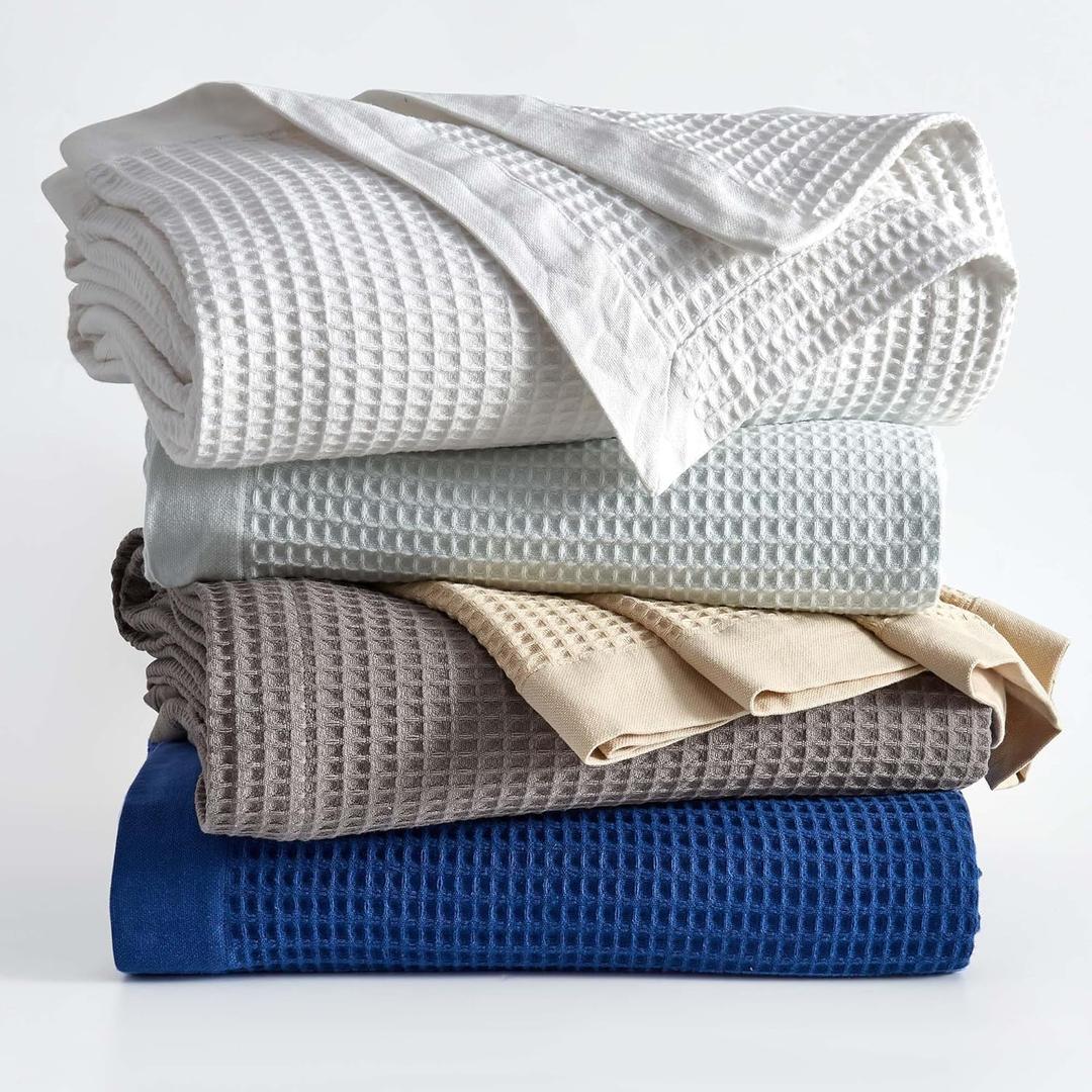 100% Cotton Blue Blanket Twin Size for Bed - Breathable and Soft, Waffle Weave for Summer Spring, 90x66 Inches (Navy) (All Season- Navy)