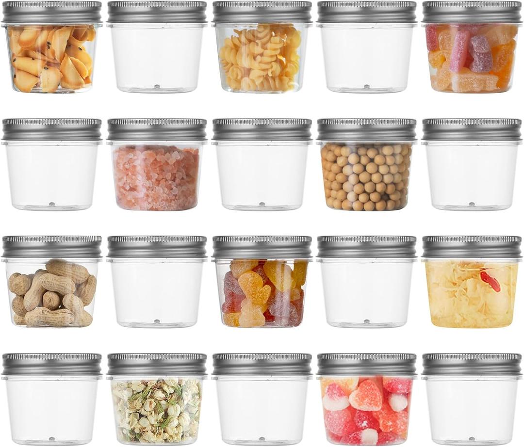 Plastic Mason Jars 4 Ounce Clear Storage Containers with Lids Small Plastic Jars for Food Storage,Canning,BPA Free (Silver, 20 Pack)