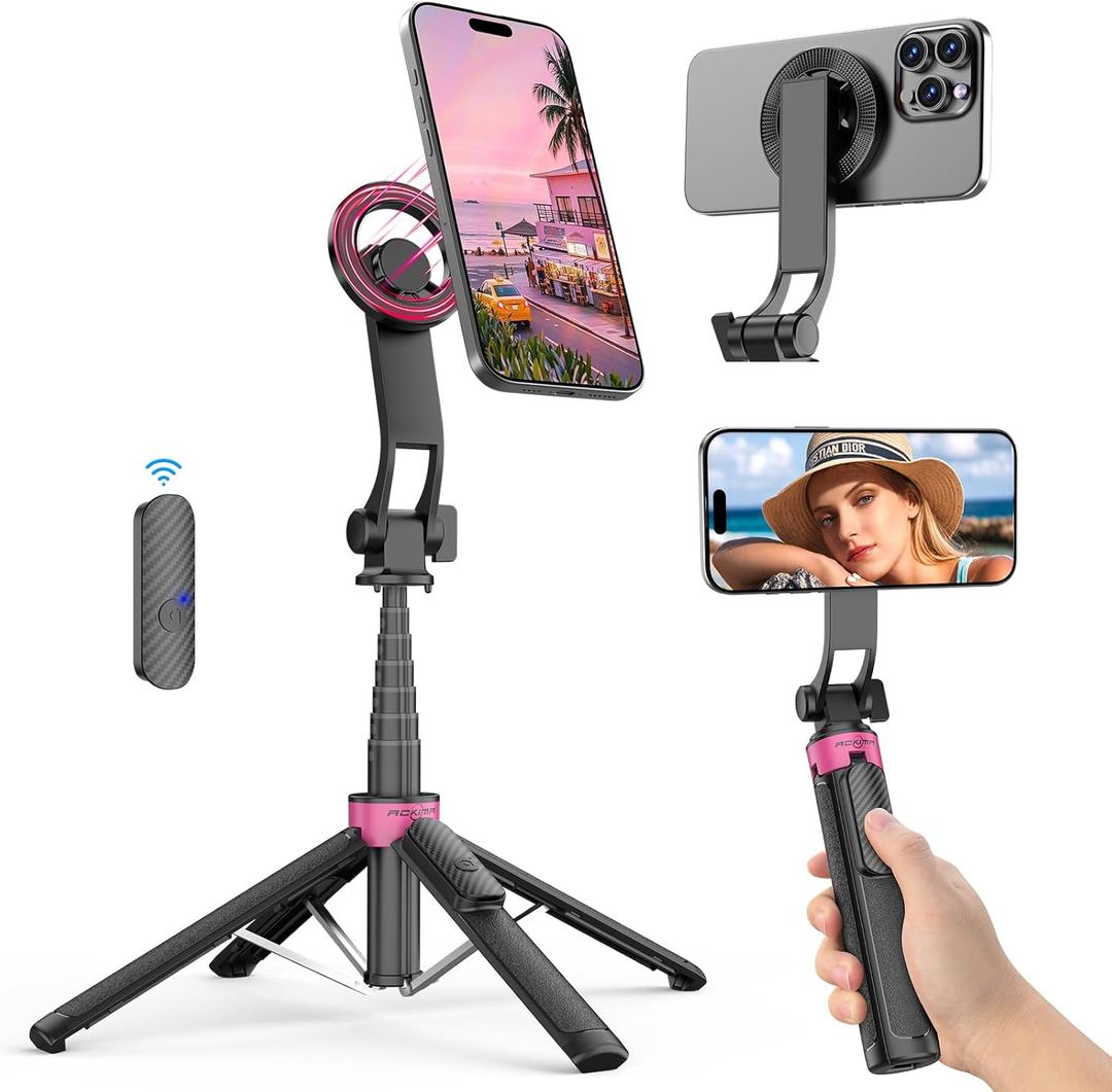 Magnetic Tripod for iPhone, 37'' Portable Selfie Stick with Remote, Four-Leg Support Cellphone Stand for MagSafe, Fits Selfie Video Recording Gym Travel Essentials Accessories, Black