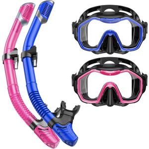 Snorkeling Gear for Adults, Dry-Top Snorkel Set, 180Panoramic Wide View Diving Mask Breathing Freely Snorkel Mask for Snorkeling Scuba Diving Swimming Travel (A17-Blue + Pink)