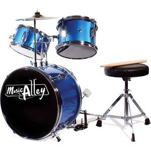 Music Alley 3 Piece Kids Drum Set with Drum Sticks & Drum Throne Seat (Metallic Blue)