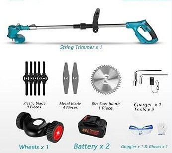 2 x Battery 6.0Ah Cordless Grass Trimmer Electric Weed Wacker with Wheels Grass Trimmer Kit, 48VF Blue Lawn Edger Mower Set Brush Cutter Li-ion Battery Operated for Garden Yard Pruning