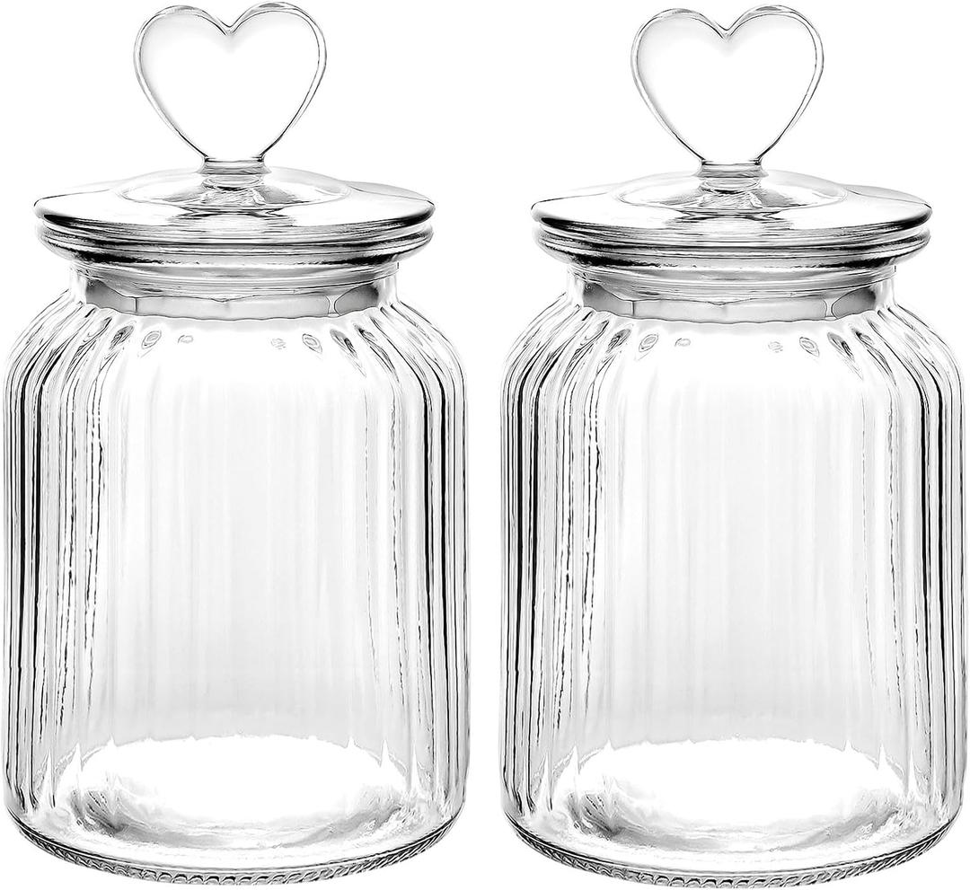 WHJY Set of 2 Airtight Glass Jars Decorative Jars, 32oz Jar of Hearts Cute Cookie Jar Decorative Jars with Lids Candy Jars for Candy Buffet Heart Shaped Lid - Stripes Textured