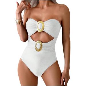 GORGLITTER Women's Strapless Metal One Pieces Swimsuits Modest Tummy Control Bathing Suit Cut Out Bandeau Monokini (White) XL