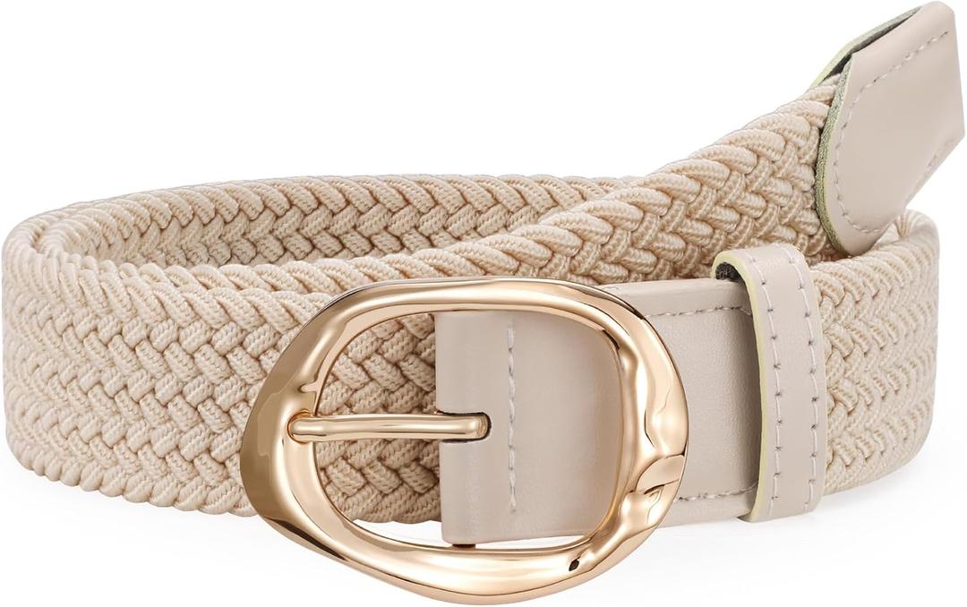 JASGOOD Braided Elastic Belt for Women Stretchy Woven Golf Belt Casual Web Belt for Jeans Pants (Beige)