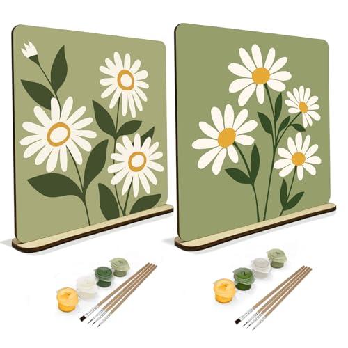 JOOZ 2 Pack Flowers Paint by Numbers Kit for Adults, Abstract Oil Painting by Number on Wood Board, DIY Flower Paint by Number Ornaments for Desktop, Easy Adult Paint by Number Kits for Gift 8x8 Inch